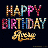 Vibrant luxury birthday greeting card for Avery, showing glittering gemstone letters and golden calligraphy on a dark background with twinkling shine effects.