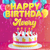 Pink-themed animated greeting with balloons, confetti, and a frosted cake under the message 'Happy Birthday Avery' in bold rounded yellow font.