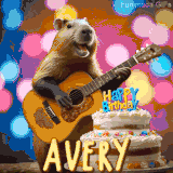 Animated birthday GIF showing a capybara playing guitar and singing beside a birthday cake with the name Avery in large letters and colorful bokeh lights in the background.