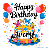 An animated birthday card for Avery. It features a festive cake with her name, 'Avery', and colorful butterflies. Floating balloons and hearts complete the joyful scene.