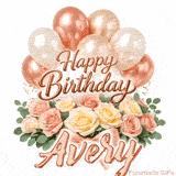 Floral Happy Birthday Avery GIF featuring blooming roses and floating balloons