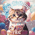 Happy birthday gif for Avi with cat and cake
