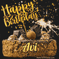 Celebrate Avi's birthday with a GIF featuring chocolate cake, a lit sparkler, and golden stars