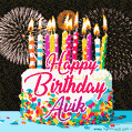 Amazing Animated GIF Image for Avik with Birthday Cake and Fireworks
