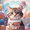 Happy birthday gif for Avir with cat and cake