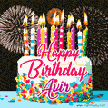 Amazing Animated GIF Image for Avir with Birthday Cake and Fireworks