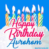 A cheerful animated GIF featuring colorful lit birthday candles on a white cake, with the text 'Happy Birthday Avrohom' in bold red and blue script on a bright blue background.