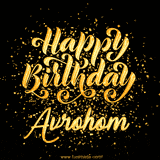 Animated GIF with colorful, festive 'Happy Birthday Avrohom' text decorated with patterns, a party hat, and falling confetti. A vibrant and cheerful design for birthday celebrations.