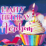 A festive animated GIF featuring a colorful cupcake with a single lit candle, sprinkles, and 'Happy Birthday Avrohom' text against a sparkling, celebratory background.