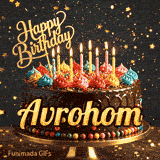 A rich chocolate frosted cake on a gold stand with glowing yellow candles, personalized with the name Avrohom.