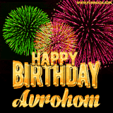 A captivating GIF with bursts of green, pink, and orange fireworks lighting up the night sky, accompanied by 'Happy Birthday Avrohom' in glowing golden text.