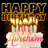 A vibrant animated GIF featuring a delicious birthday cake topped with glowing candles and the name 'Avrohom' in elegant script, and the words 'Happy Birthday' on the black background.