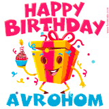 A funny animated birthday GIF with the words 'Happy Birthday Avrohoma', colorful gift box with arms and legs, holding a cupcake with a lit candle  with confetti everywhere.