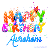Animated GIF with colorful, festive 'Happy Birthday Avrohom' text decorated with patterns, a party hat, and falling confetti. A vibrant and cheerful design for birthday celebrations.