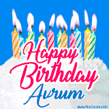 A cheerful animated GIF featuring colorful lit birthday candles on a white cake, with the text 'Happy Birthday Avrum' in bold red and blue script on a bright blue background.