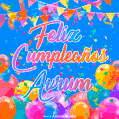 A vibrant animated GIF with 'Feliz Cumpleaños Avrum' written in colorful script, surrounded by balloons, confetti, and bunting on a bright blue background.