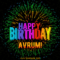 A colorful animated GIF featuring the text 'Happy Birthday Avrum!' in rainbow colors with a dynamic iridescent firework display in the background.