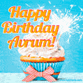 A cheerful animated GIF of a cupcake with creamy frosting, a red checkered ribbon, and a bright sparkler on top. The text 'Happy Birthday Avrum!' is displayed in vibrant orange and red.