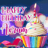 A festive animated GIF featuring a colorful cupcake with a single lit candle, sprinkles, and 'Happy Birthday Avrum' text against a sparkling, celebratory background.