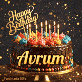 Custom birthday ecard for Avrum showing a gourmet chocolate cake on a dark background with golden star sparkles.