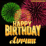 A captivating GIF with bursts of green, pink, and orange fireworks lighting up the night sky, accompanied by 'Happy Birthday Avrum' in glowing golden text.
