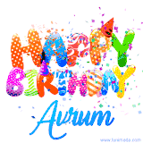 Animated GIF with colorful, festive 'Happy Birthday Avrum' text decorated with patterns, a party hat, and falling confetti. A vibrant and cheerful design for birthday celebrations.