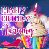 A festive animated GIF featuring a colorful cupcake with a single lit candle, sprinkles, and 'Happy Birthday Avrumy' text against a sparkling, celebratory background.