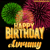 A captivating GIF with bursts of green, pink, and orange fireworks lighting up the night sky, accompanied by 'Happy Birthday Avrumy' in glowing golden text.