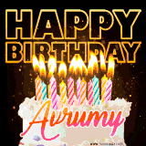 A vibrant animated GIF featuring a delicious birthday cake topped with glowing candles and the name 'Avrumy' in elegant script, and the words 'Happy Birthday' on the black background.
