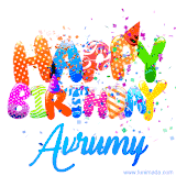 Animated GIF with colorful, festive 'Happy Birthday Avrumy' text decorated with patterns, a party hat, and falling confetti. A vibrant and cheerful design for birthday celebrations.