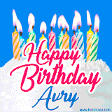 A cheerful animated GIF featuring colorful lit birthday candles on a white cake, with the text 'Happy Birthday Avry' in bold red and blue script on a bright blue background.