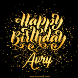 Animated GIF with colorful, festive 'Happy Birthday Avry' text decorated with patterns, a party hat, and falling confetti. A vibrant and cheerful design for birthday celebrations.