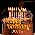 A rich chocolate cake topped with glowing birthday candles and surrounded by bright fireworks. The animated GIF displays the message 'Happy Birthday Avry' in golden text.