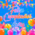 A vibrant animated GIF with 'Feliz Cumpleaños Avry' written in colorful script, surrounded by balloons, confetti, and bunting on a bright blue background.