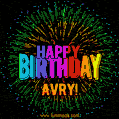 A colorful animated GIF featuring the text 'Happy Birthday Avry!' in rainbow colors with a dynamic iridescent firework display in the background.