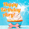 A cheerful animated GIF of a cupcake with creamy frosting, a red checkered ribbon, and a bright sparkler on top. The text 'Happy Birthday Avry!' is displayed in vibrant orange and red.