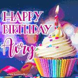 A festive animated GIF featuring a colorful cupcake with a single lit candle, sprinkles, and 'Happy Birthday Avry' text against a sparkling, celebratory background.