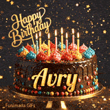 An animated birthday card featuring a detailed chocolate cake under falling gold dust, personalized for Avry.