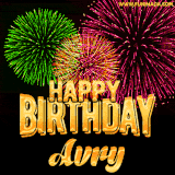 A captivating GIF with bursts of green, pink, and orange fireworks lighting up the night sky, accompanied by 'Happy Birthday Avry' in glowing golden text.