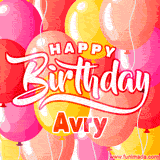A vibrant birthday GIF featuring colorful balloons in shades of pink, yellow, and orange, with bold white and red text saying 'Happy Birthday Avry.'