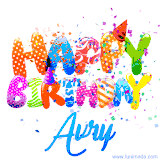 Animated GIF with colorful, festive 'Happy Birthday Avry' text decorated with patterns, a party hat, and falling confetti. A vibrant and cheerful design for birthday celebrations.