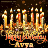 A glowing personalized birthday GIF with name Avya featuring lit candles with intricate designs, warm lighting, and the text 'Happy Birthday' in an elegant font.