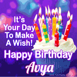 A colorful birthday GIF for Avya featuring a cupcake with vibrant lit candles and the text 'It's Your Day to Make a Wish! Happy Birthday Avya' in bold letters on a festive purple background.