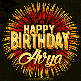 Golden 'Happy Birthday Avya' text accompanied by animated rainbow fireworks for a festive animated greeting.