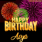 A golden 'Happy Birthday Avya' message with vibrant fireworks in the background, creating a festive and celebratory vibe in this animated name GIF.
