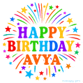 Happy Birthday Avya' GIF with rainbow-colored letters, colorful stars, and fireworks on white background.