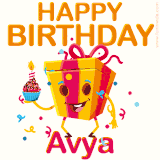 A vibrant and funny gift box character with a happy face dancing with a cupcake and the text 'Happy Birthday Avya,' surrounded by animated confetti and party vibes.