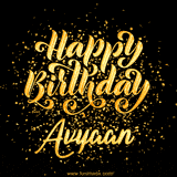 Animated GIF with colorful, festive 'Happy Birthday Avyaan' text decorated with patterns, a party hat, and falling confetti. A vibrant and cheerful design for birthday celebrations.