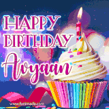 A festive animated GIF featuring a colorful cupcake with a single lit candle, sprinkles, and 'Happy Birthday Avyaan' text against a sparkling, celebratory background.