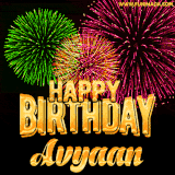 A captivating GIF with bursts of green, pink, and orange fireworks lighting up the night sky, accompanied by 'Happy Birthday Avyaan' in glowing golden text.